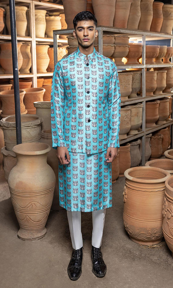 Ferozi Printed Raw Silk Waistcoat Kurta (3-Piece) - Image 2