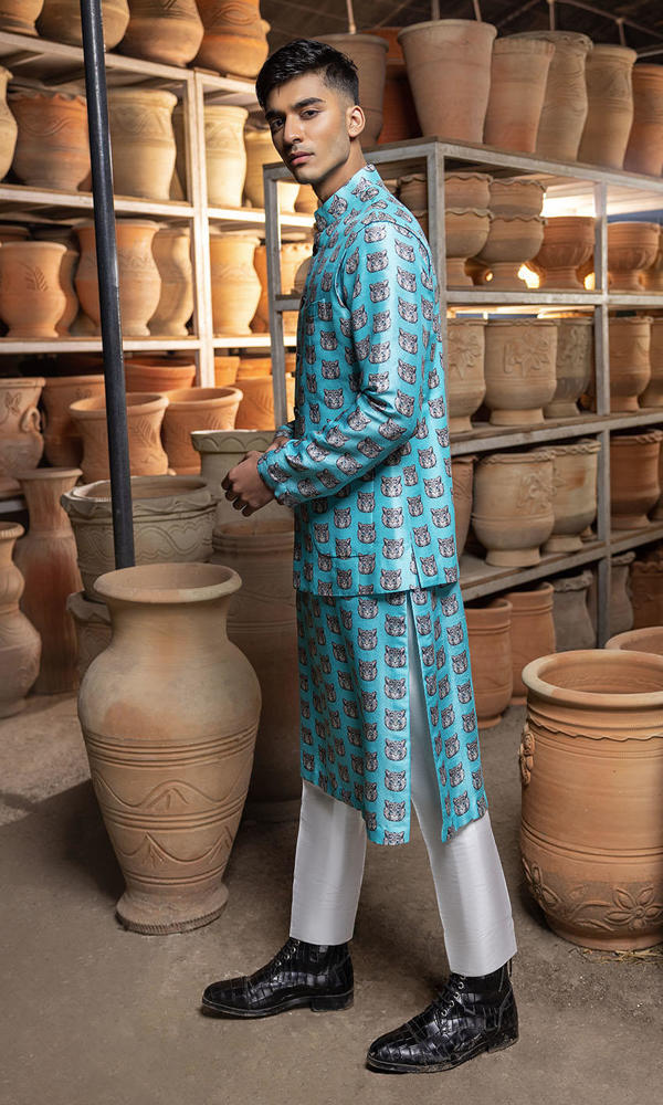 Ferozi Printed Raw Silk Waistcoat Kurta (3-Piece) - Image 4