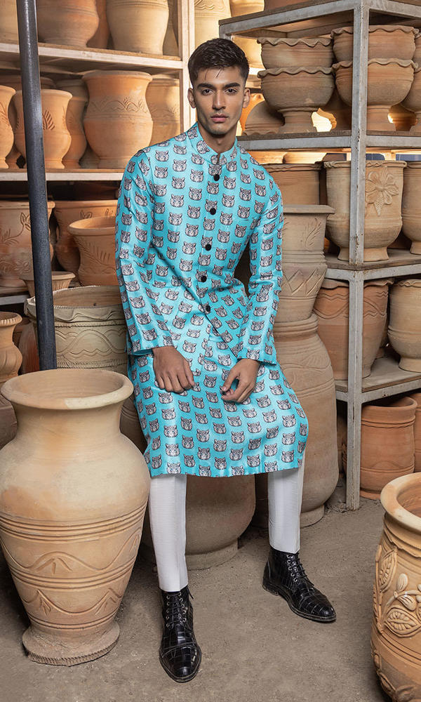 Ferozi Printed Raw Silk Waistcoat Kurta (3-Piece) - Image 5