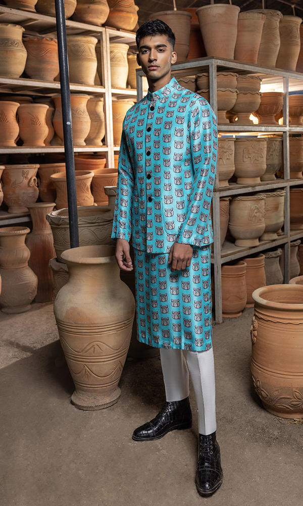 Ferozi Printed Raw Silk Waistcoat Kurta (3-Piece) - Image 6