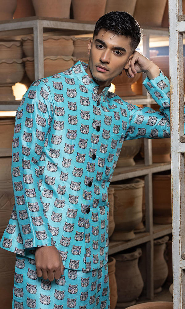 Ferozi Printed Raw Silk Waistcoat Kurta (3-Piece) - Image 7
