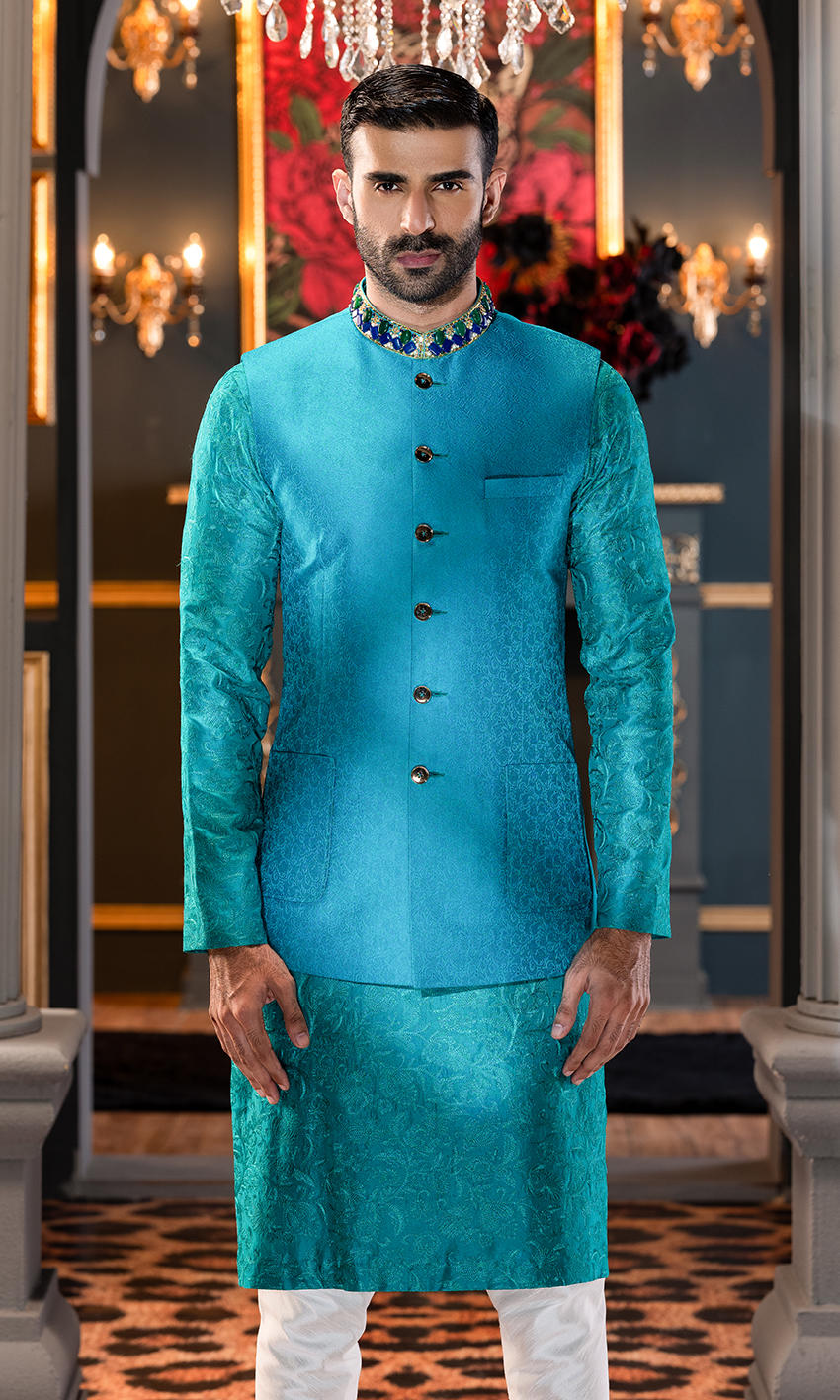 Ferozi Embroidered Collar Waistcoat Kurta (3-Piece) - Image 1
