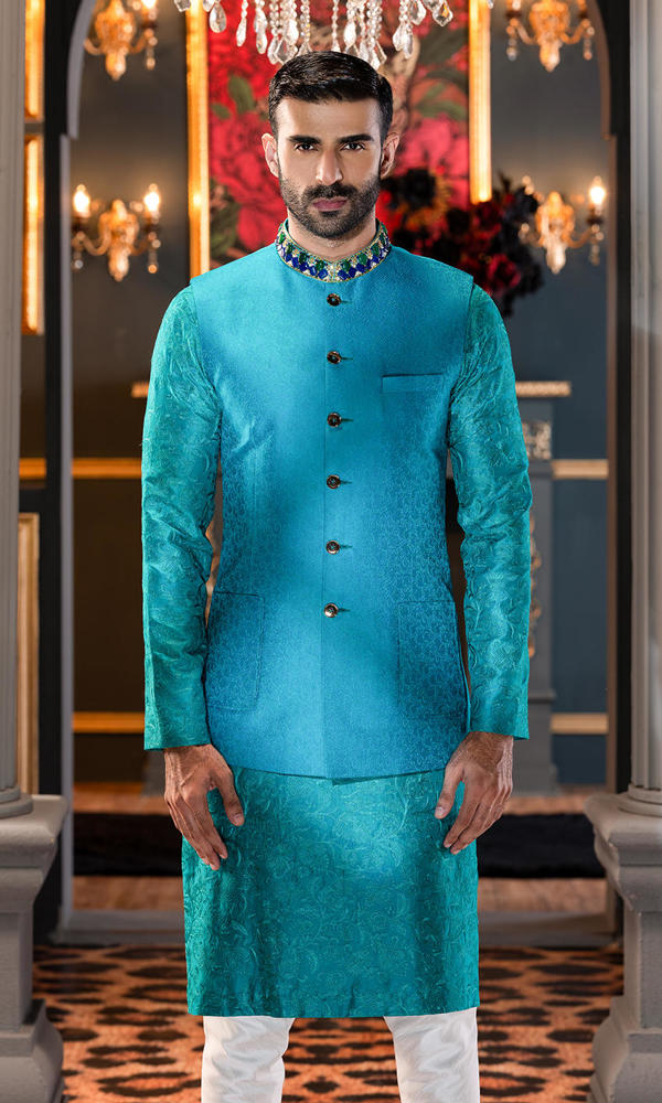 Ferozi Embroidered Collar Waistcoat Kurta (3-Piece) - Image 2