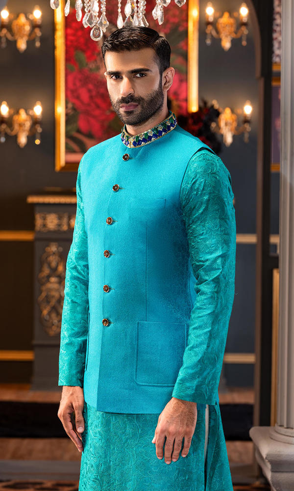 Ferozi Embroidered Collar Waistcoat Kurta (3-Piece) - Image 3