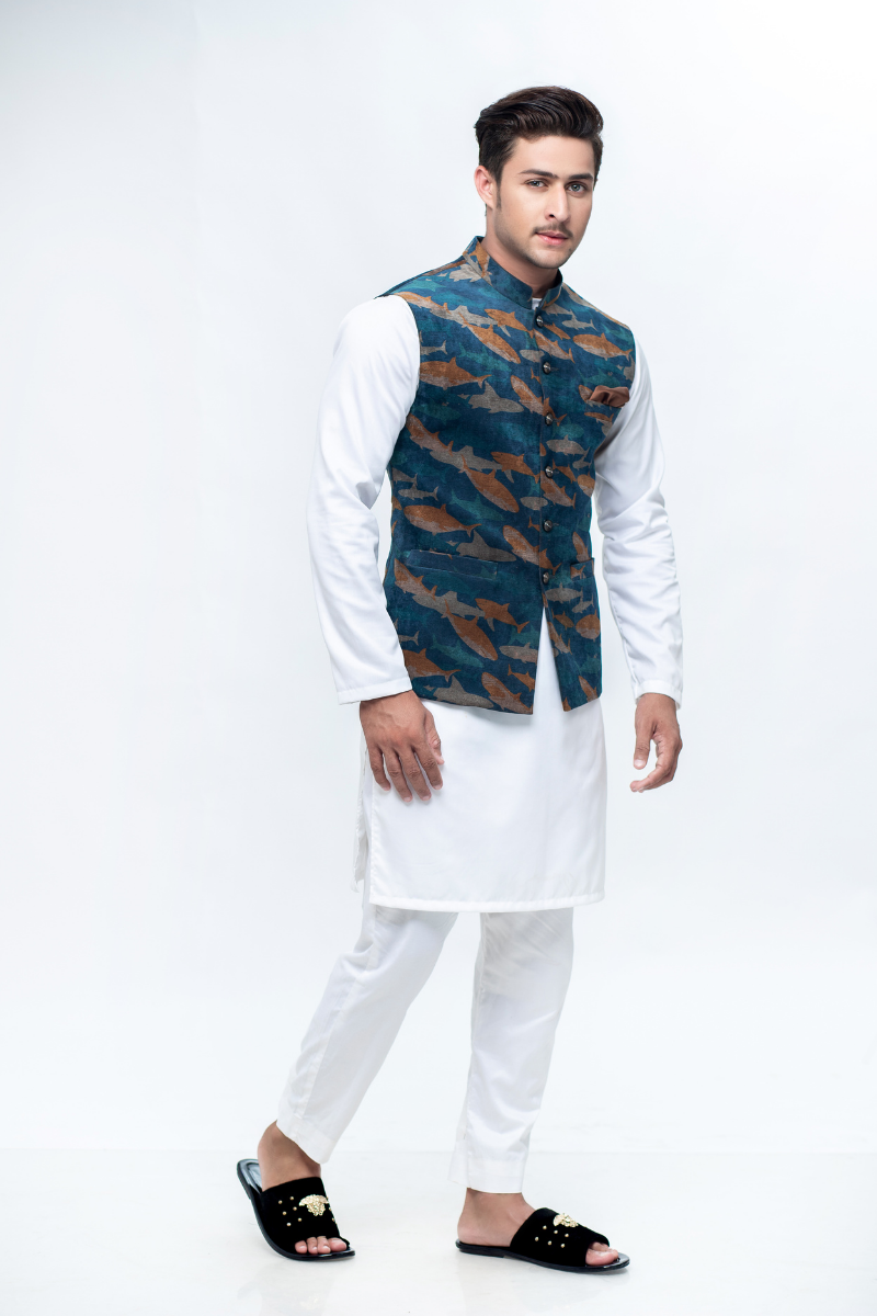 Teal Printed Waistcoat Kurta Set (3-Piece) - Image 1