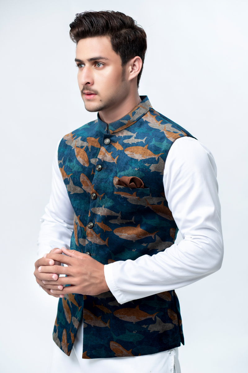 Teal Printed Waistcoat Kurta Set (3-Piece) - Image 2