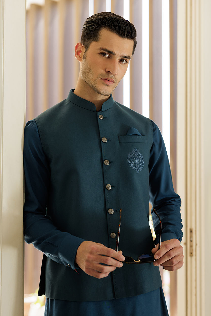 Teal Blue Threadwork Suiting Waistcoat (3-Piece) - Image 1