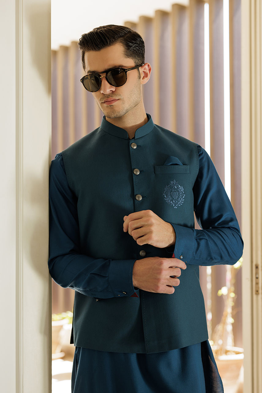 Teal Blue Threadwork Suiting Waistcoat (3-Piece) - Image 3