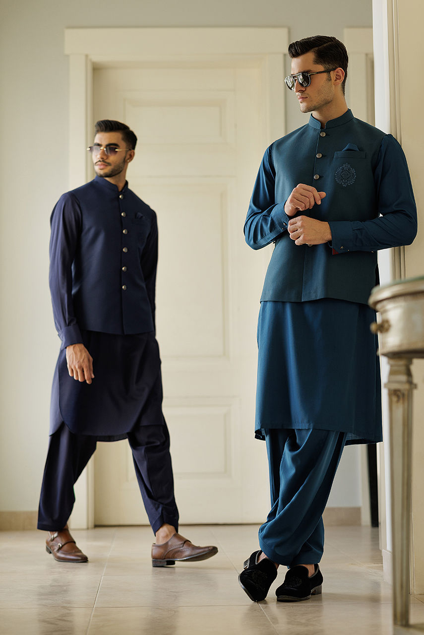 Teal Blue Threadwork Suiting Waistcoat (3-Piece) - Image 4