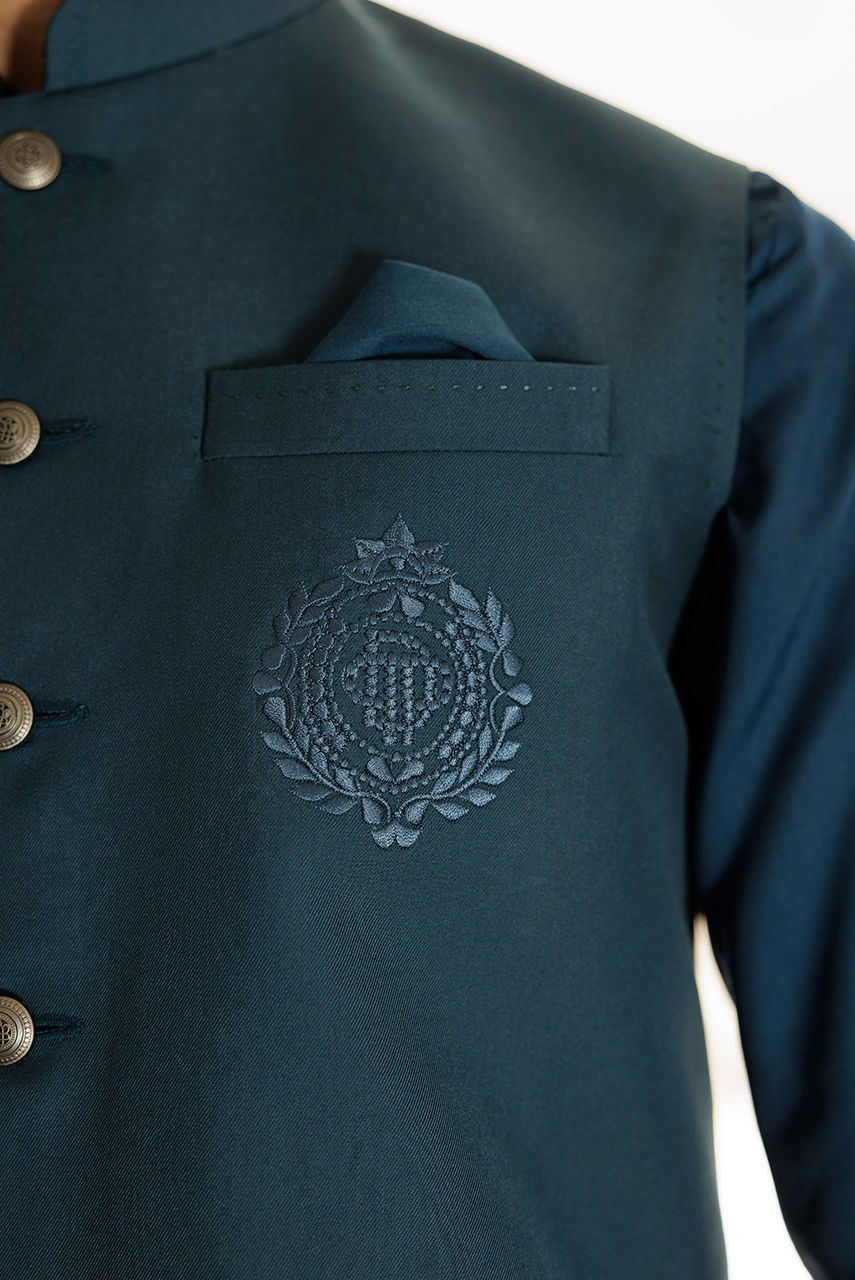 Teal Blue Threadwork Suiting Waistcoat (3-Piece) - Image 6