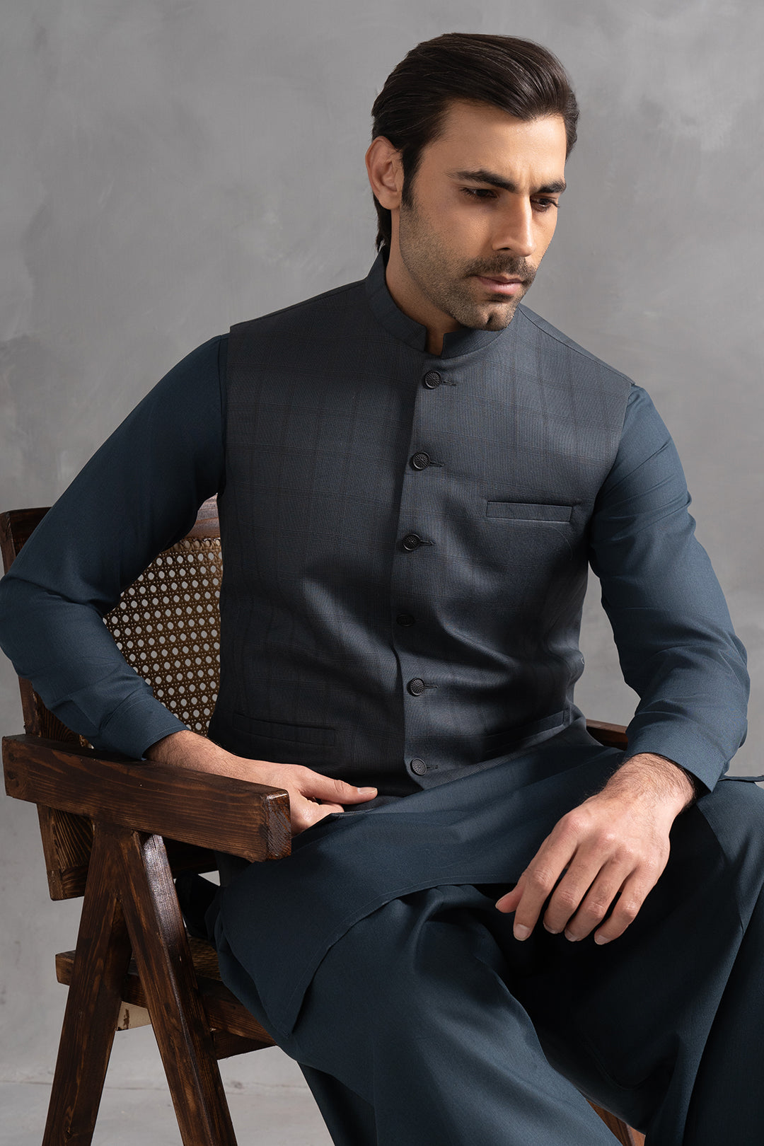 Dark Teal Checked Suiting Waistcoat Kurta (3-Piece) - Image 1