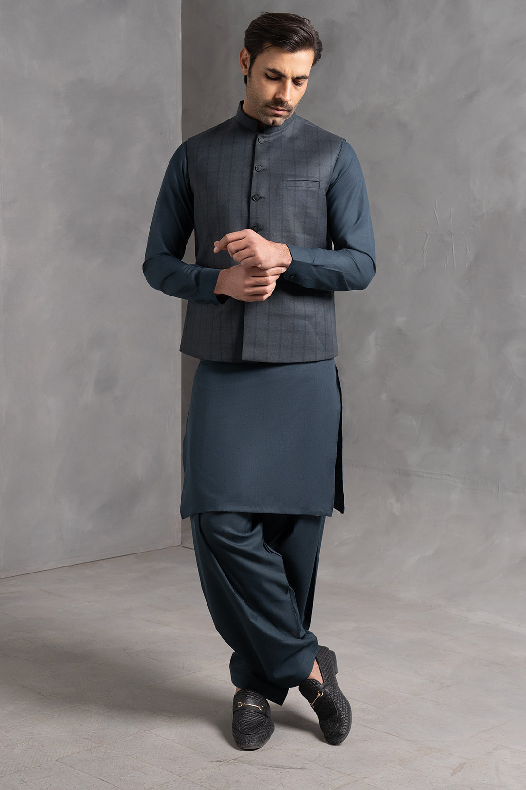 Dark Teal Checked Suiting Waistcoat Kurta (3-Piece) - Image 2