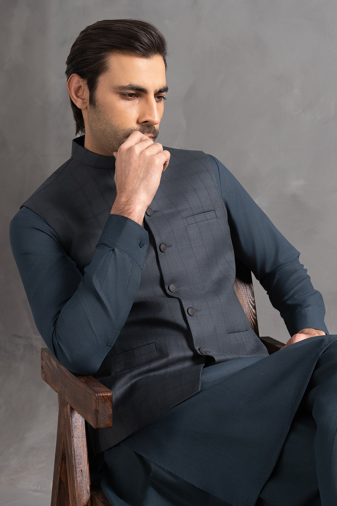 Dark Teal Checked Suiting Waistcoat Kurta (3-Piece) - Image 3