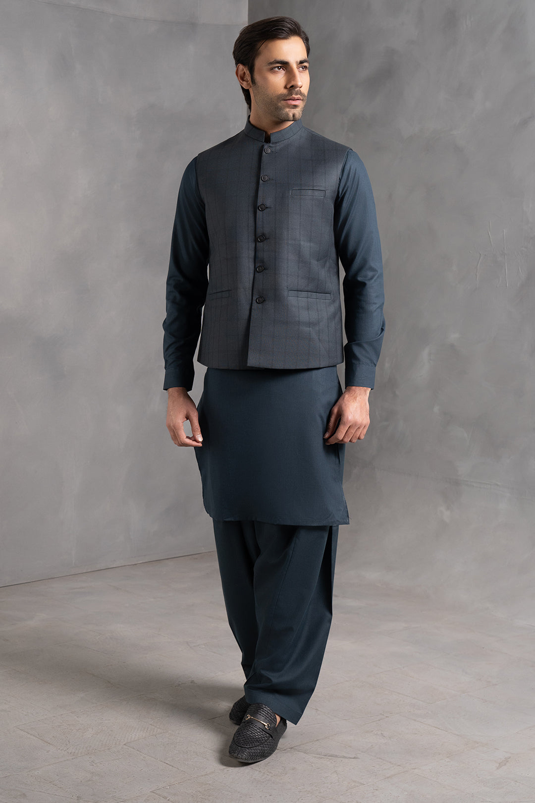 Dark Teal Checked Suiting Waistcoat Kurta (3-Piece) - Image 4