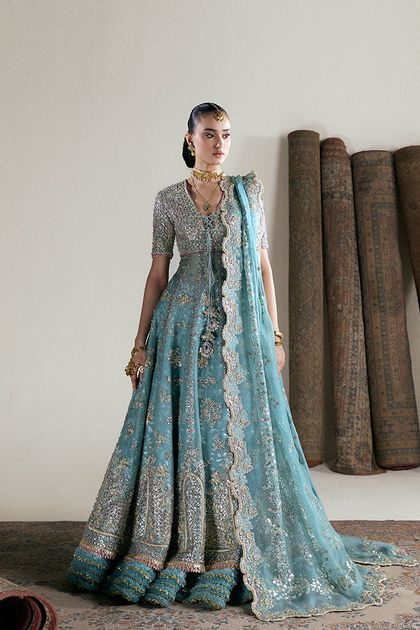 Aqua Embroidered Organza Pishwas and Lehenga (3-Piece)