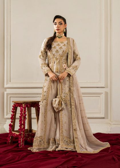 Beige Embellished Chiffon Flared Gown (3-Piece)