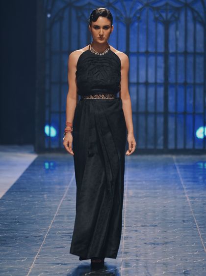 Pakistani Black Embroidered Jamawar Pleated Lehenga Choli (3-Piece)