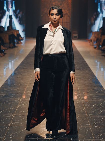 Pakistani Black Velvet Floor-Length Jacket 3-Piece with White Silk Shirt