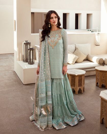 Mint Blue Embroidered Karandi Gharara Set (3-Piece)