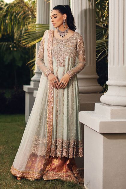 Pakistani Aqua Embellished Net Kalidaar Sharara (3-Piece)