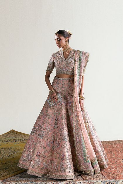 Pakistani Coral Adda Gotta Organza Bridal Lehenga Set (3-Piece)