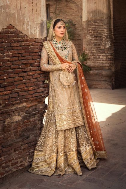 Champagne Embroidered Net & Tissue Gharara (3-Piece)