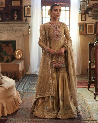 Pakistani Gold Embroidered Tissue Gharara Set (3-Piece)