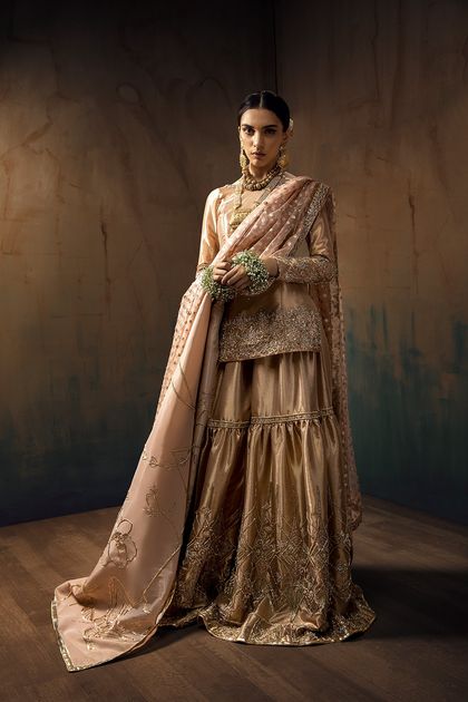 Metallic Gold Zardozi Tissue Bridal Gharara (3-Piece)