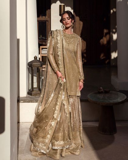 Gold Zari Net Bridal Gharara Set (3-Piece)
