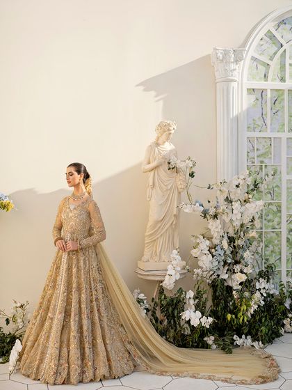Gold Hand Embroidered Raw Silk Bridal Gown (2-Piece)