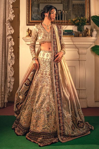 Gold Zardozi Masoori Silk & Velvet Bridal Lehenga (3-Piece)