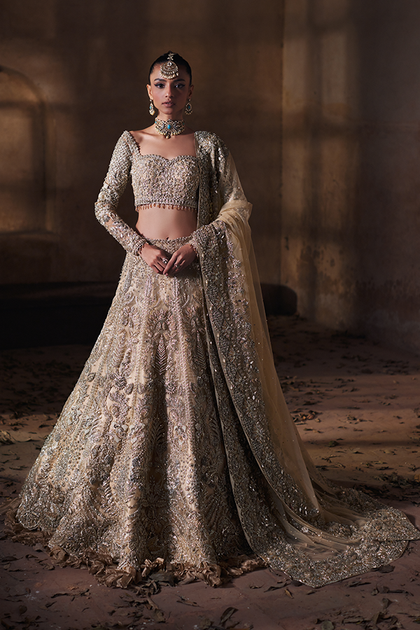 Pakistani Gold Dori & Mukesh Embroidered Net Tissue Lehenga (3-Piece)