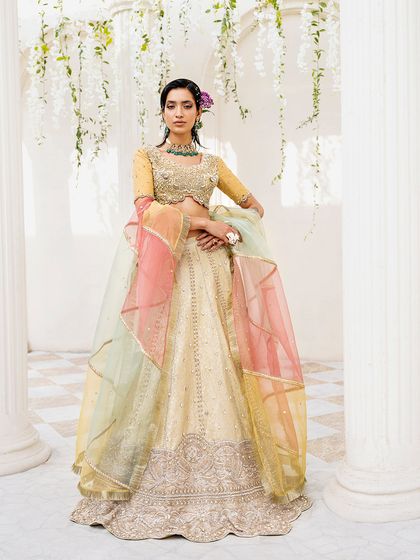 Pakistani Gold Hand-Embroidered Silk Blend Lehenga Choli (3-Piece)