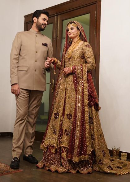 Pakistani Antique Gold Maroon Embroidered Silk Bridal Lehenga (3-Piece)