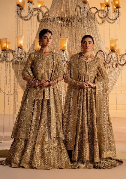 Gold Zardozi Net Jamawaar Pishwas Dress (2-Piece)