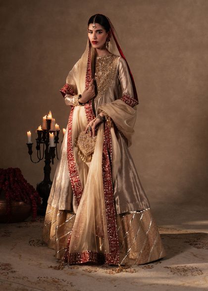 Pakistani Gold Zardozi Tissue Pishwas Dress (3-Piece)