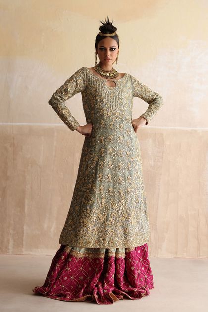 Mint Green Zardozi Cotton Khadi Net Gharara (3-Piece)