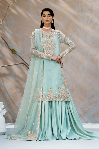 Pakistani Ash Green Embroidered Organza Gharara Set (3-Piece)