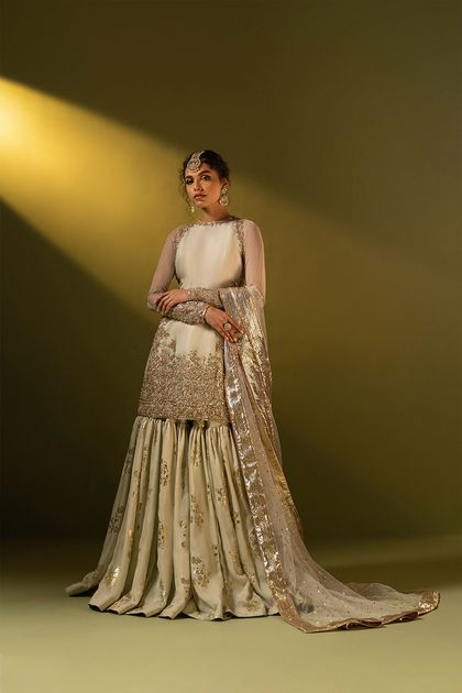 Pakistani Pistachio Zardozi Organza Gharara Set (3-Piece)