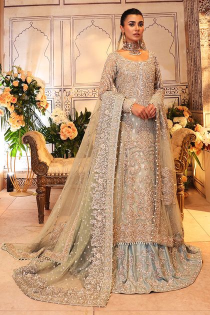 Pakistani Pistachio Zardozi Net Gown with Light Blue Lehnga (3-Piece)