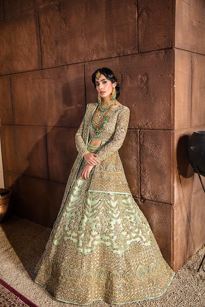 Pakistani Pistachio Green Embellished Raw Silk Peplum Lehenga (3-Piece)