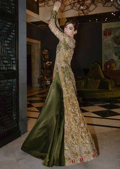 Deep Moss Green Embroidered Silk & Net Lehenga (2-Piece)