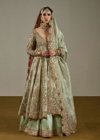 Tea Green Embellished Organza Pishwas Dress (3-Piece)