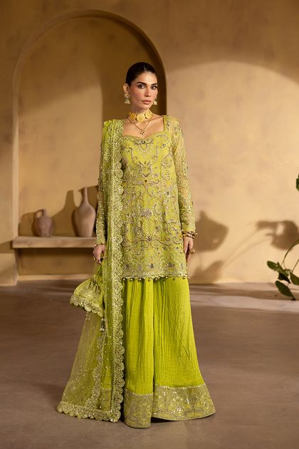 Pakistani Lime Embroidered Net & Raw Silk Gharara (3-Piece)