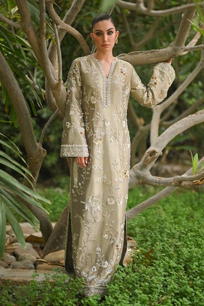Metallic Slate Grey Hand Embroidered Tissue Kaftan (2-Piece)