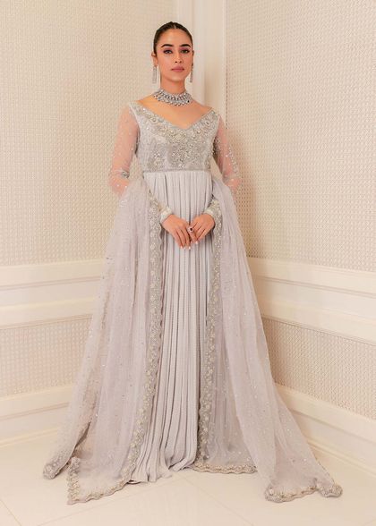 Pakistani Soft Grey Crystal Embellished Net Silk Maxi (1-Pc)