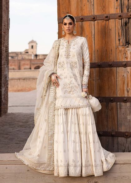 Ivory Hand-Embellished Tussel Silk Gharara (3-Piece)