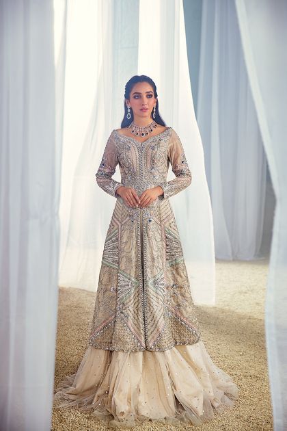 Ivory Beige Handworked Net Silk Lehenga (2-Piece)