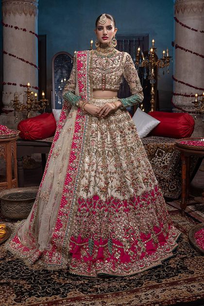 Pakistani Ivory & Fuchsia Zardozi Silk Net Lehenga (3-Piece)