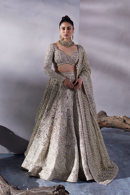 Off-White Embroidered Tissue Bridal Lehenga (3-Piece)